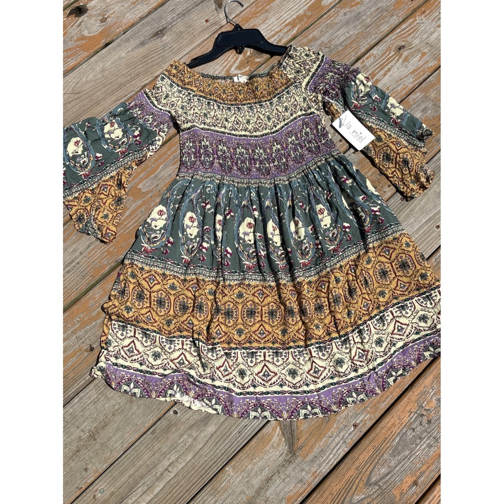 La Miel Womens Boho Paisley Smocked Mini Dress Bell Sleeve Multi Small NWT